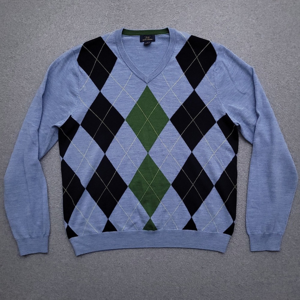 Brooks Brothers Merino Wool Sweater Mens Large V Neck Pullover Argyle Blue